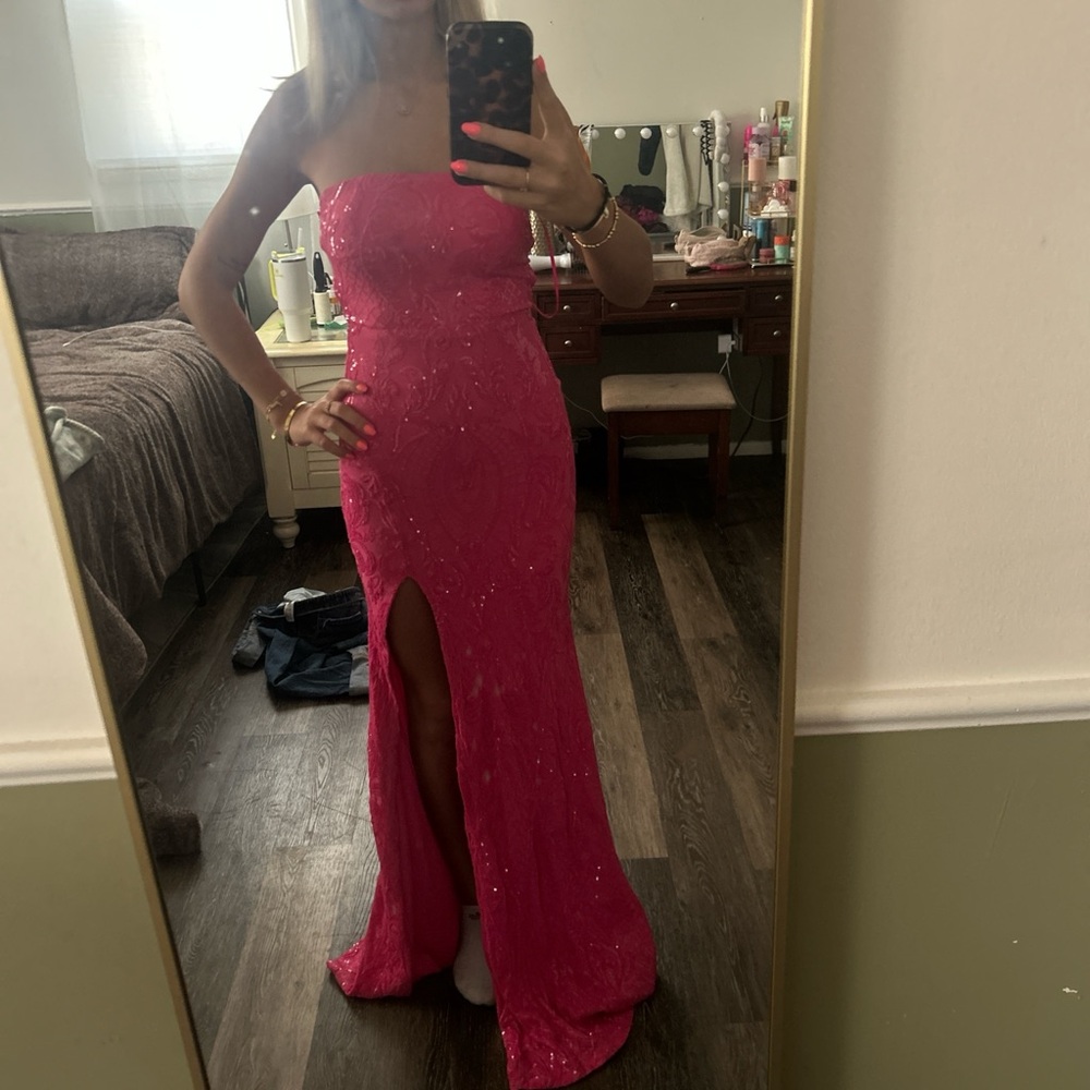 Windsor Strapless Hot Pink Sequin Prom Gown with Front Slit